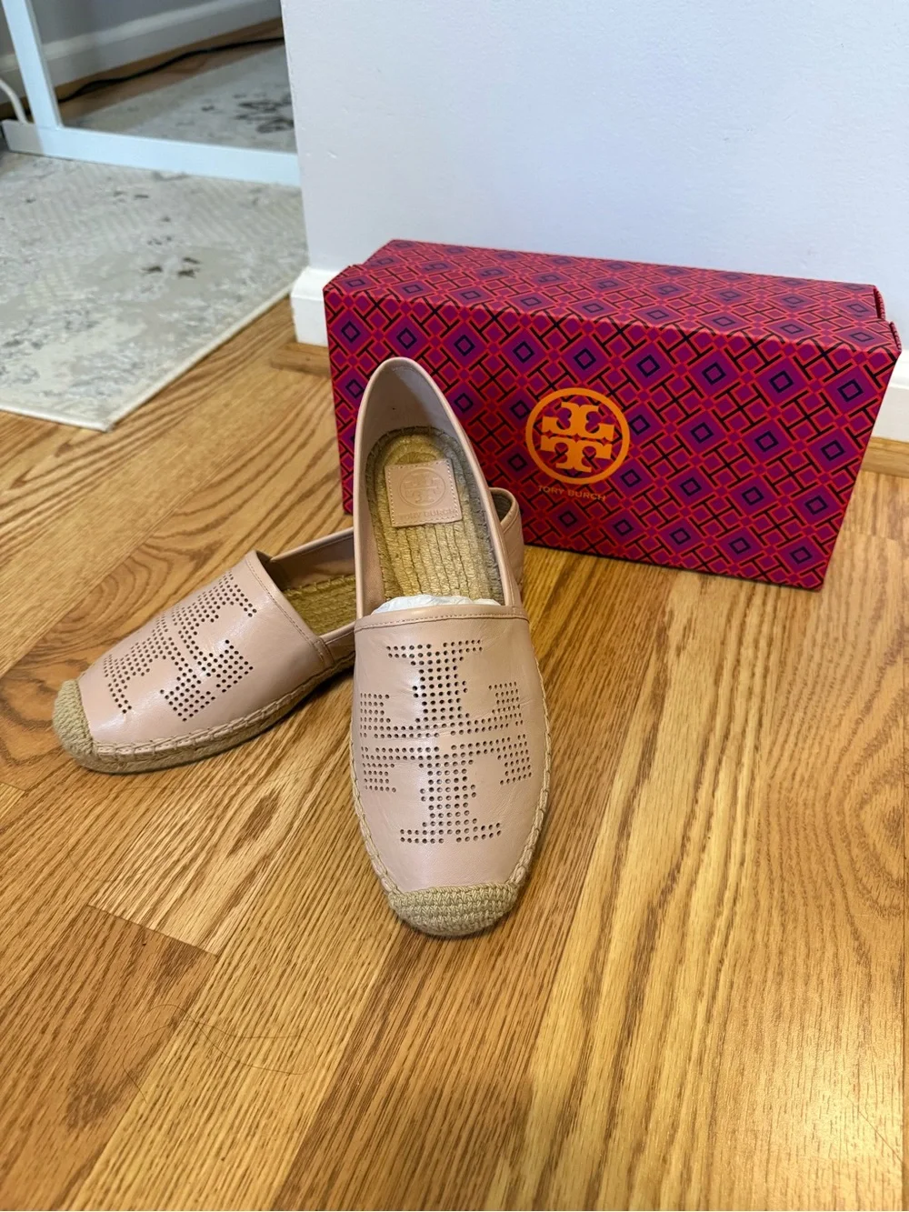 Tory Burch Perforated Leather Espadrilles in Blush Pink